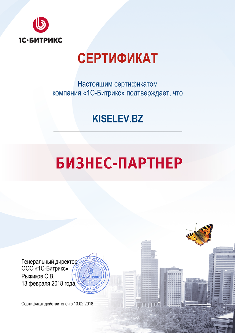 Сертификат партнёра по СРМ системам в Юже
